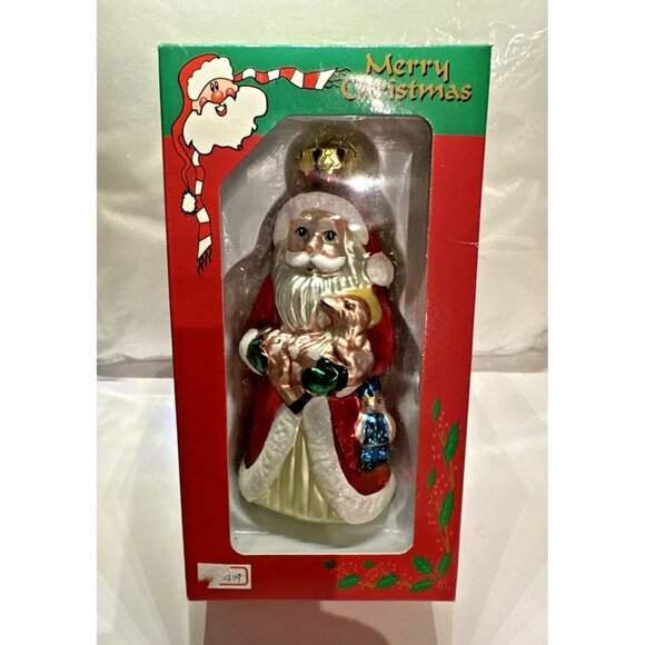Blown Glass Figural Santa Ornament 5” Holding a Lamb with Nutcracker Soldier NEW - Picture 1 of 6
